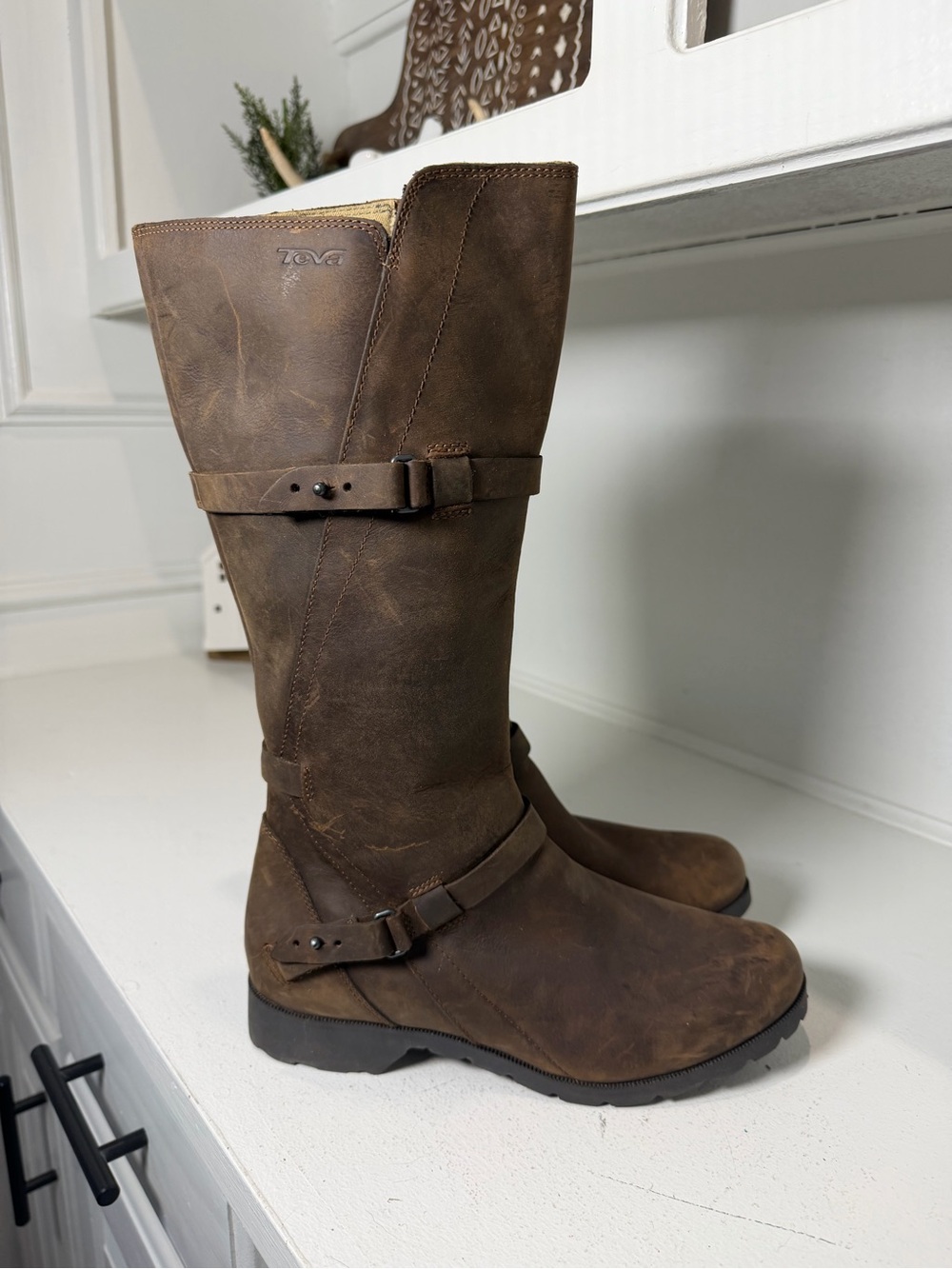 Teva De La Vina Women's 7.5 Waterproof Brown Leather Tall Riding Boots Moto - Picture 4 of 10